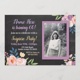 Birthday Paarse Flower Photo Chalk Invitation Kaart