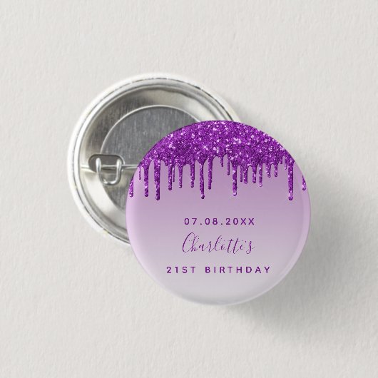 Birthday paarse glitter drift name ronde button 3,2 cm (Voorkant /achterkant)