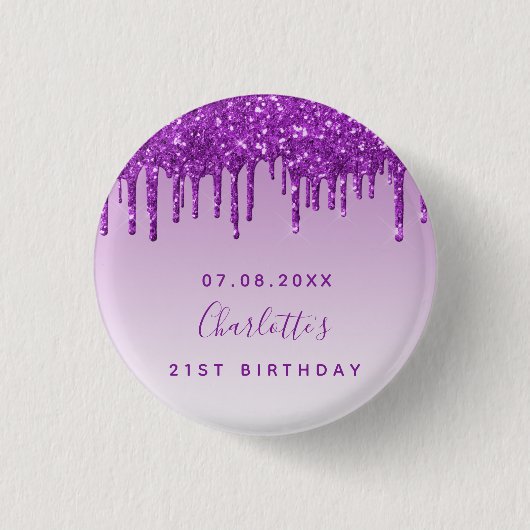 Birthday paarse glitter drift name ronde button 3,2 cm (Voorkant)