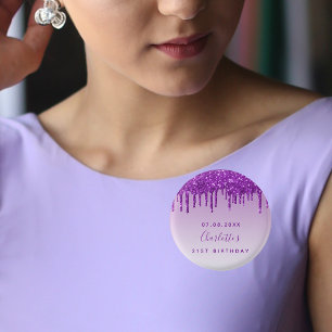 Birthday paarse glitter drift name ronde button 3,2 cm
