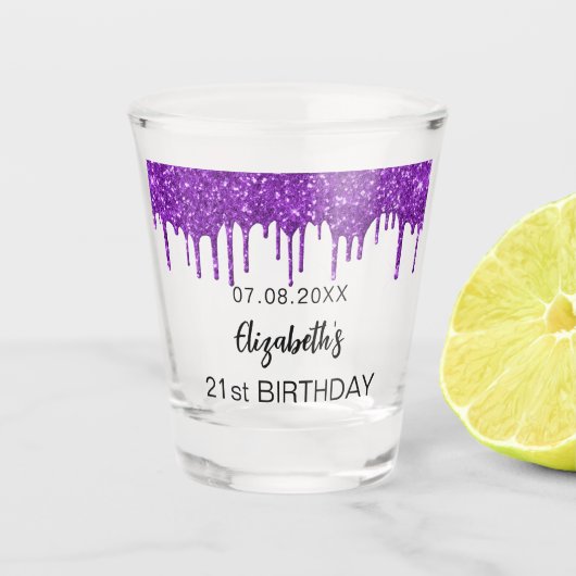 Birthday paarse glitter drift name shot glas (Voorkant)