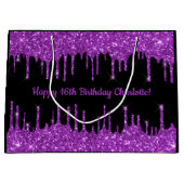 Birthday paarse glitter druppelt zwart monogram af groot cadeauzakje (Voorkant)