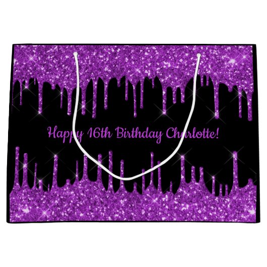 Birthday paarse glitter druppelt zwart monogram af groot cadeauzakje (Voorkant)