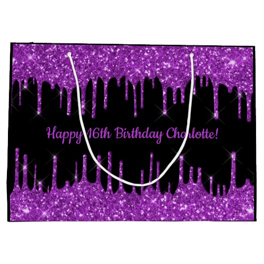 Birthday paarse glitter druppelt zwart monogram af groot cadeauzakje (Achterkant)