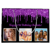 Birthday paarse glitter druppelt zwart monogram af groot cadeauzakje (Achterkant)