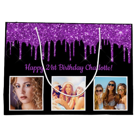 Birthday paarse glitter druppelt zwart monogram af groot cadeauzakje (Achterkant)