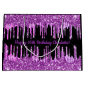 Birthday paarse glitter druppelt zwart roze monogr groot cadeauzakje (Voorkant)