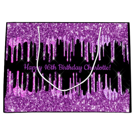 Birthday paarse glitter druppelt zwart roze monogr groot cadeauzakje (Voorkant)