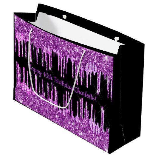 Birthday paarse glitter druppelt zwart roze monogr groot cadeauzakje (Voorkant Gekanteld)