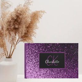 Birthday paarse glitter monogram elegant gastenboek