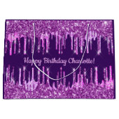 Birthday paarse glitter roze druppels naam glamour groot cadeauzakje (Voorkant)