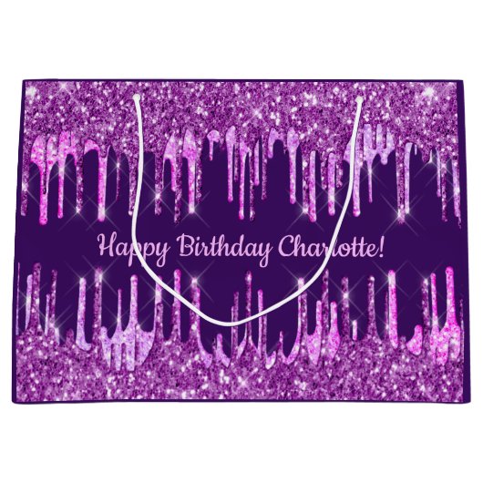 Birthday paarse glitter roze druppels naam glamour groot cadeauzakje (Voorkant)