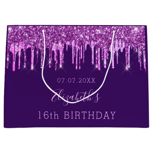 Birthday paarse glitter roze druppelt monogram gla groot cadeauzakje (Voorkant)