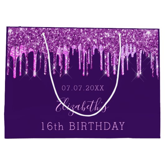 Birthday paarse glitter roze druppelt monogram gla groot cadeauzakje (Achterkant)