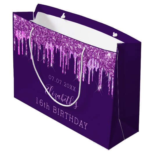 Birthday paarse glitter roze druppelt monogram gla groot cadeauzakje (Achterkant Gekanteld)