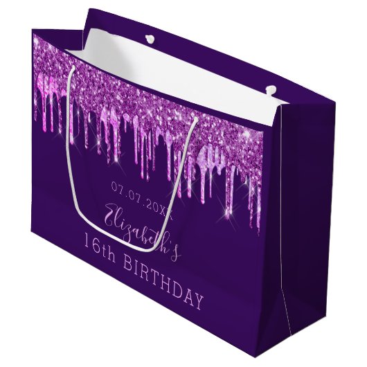 Birthday paarse glitter roze druppelt monogram gla groot cadeauzakje (Voorkant Gekanteld)