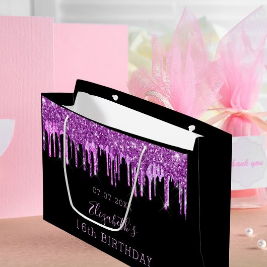 Birthday paarse glitter roze druppelt zwart monogr groot cadeauzakje