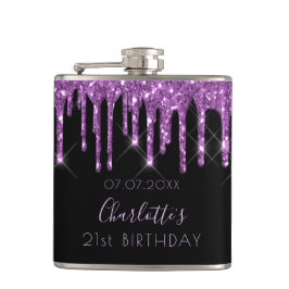 Birthday paarse glitter zwarte monogram vrienden heupfles