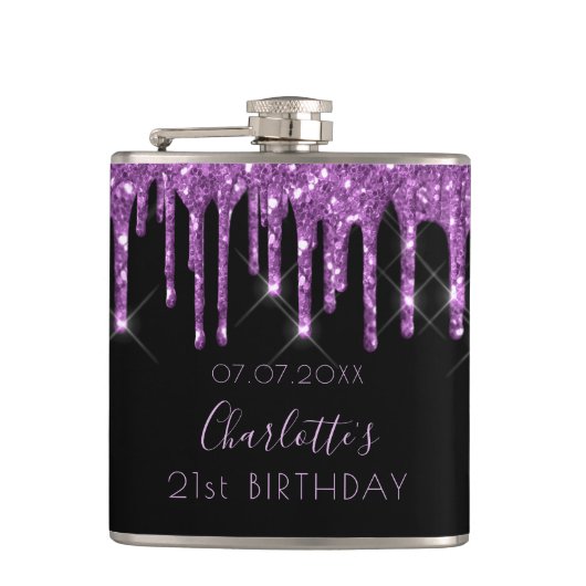 Birthday paarse glitter zwarte monogram vrienden heupfles (Voorkant)