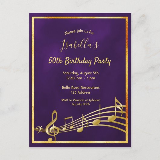 Birthday paarse goudmuziekuitnodiging briefkaart (Voorkant)