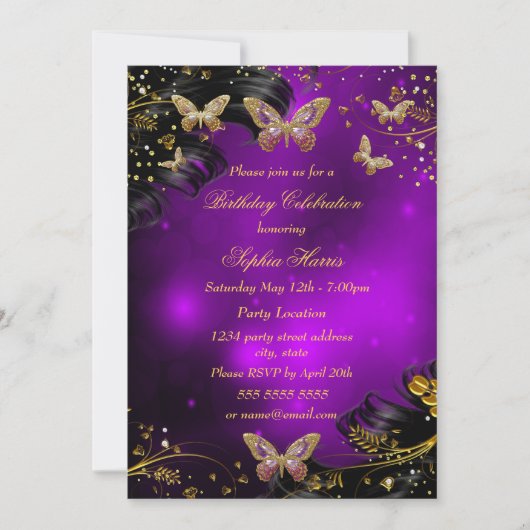Birthday, paarse goudvlinder kaart (Voorkant)