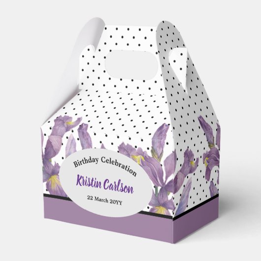 Birthday Paarse Irises met Black White Polka dots Bedankdoosjes (Achterkant)