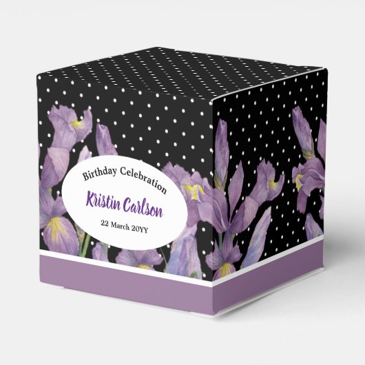 Birthday Paarse Irises met Black White Polka dots Bedankdoosjes (Achterkant)