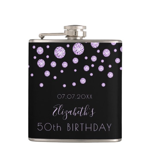 Birthday paarse monogram zwarte diamanten heupfles (Voorkant)