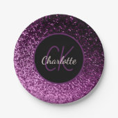 Birthday paarse roze glitter monogram luxe papieren bordje (Voorkant)