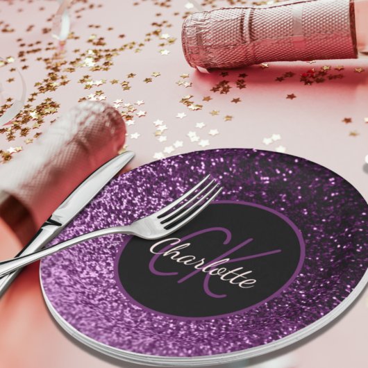 Birthday paarse roze glitter monogram luxe papieren bordje