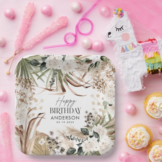 Birthday pampas eucalyptus modern boho papieren bordje (Feest)