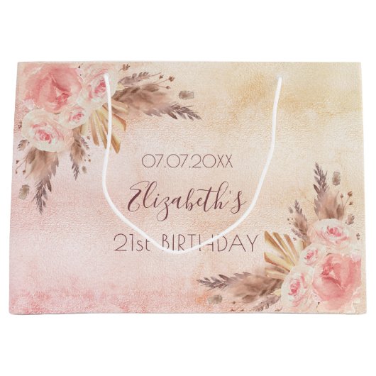 Birthday pampas gras goudroze roos floraal groot cadeauzakje (Voorkant)