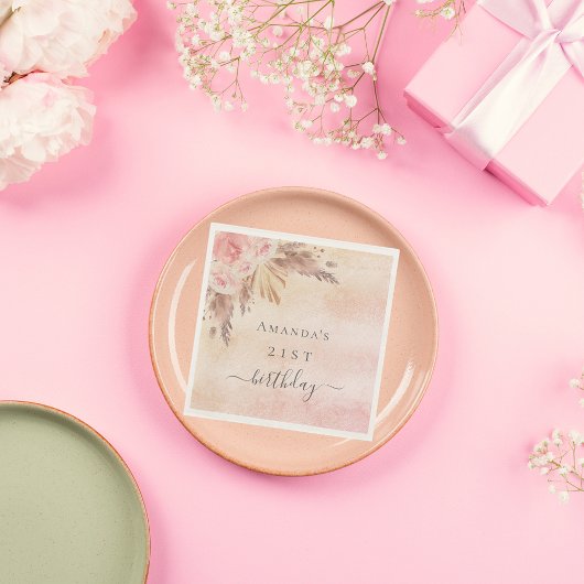 Birthday pampas gras goudroze roos floraal servet