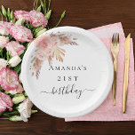 Birthday pampas grass blush rose gold florals papieren bordje<br><div class="desc">A chic white background. Decorated with rose gold,  pink florals and boho style pampas grass. Personalize and add a name and age.</div>