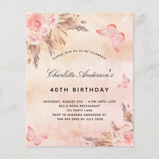 Birthday pampas grasvis blush vlinder budget flyer (Voorkant)