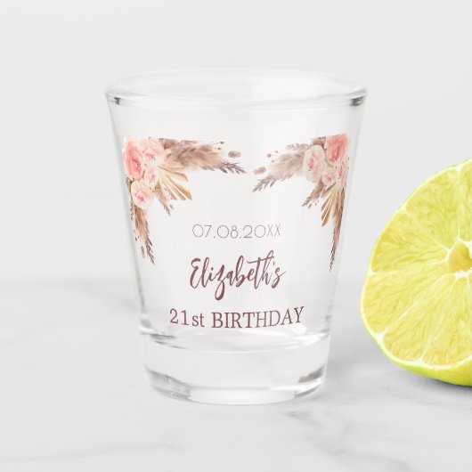 Birthday pampas graszode zwarte roze bloemen naam shot glas (Voorkant)