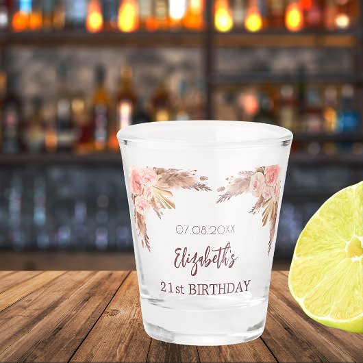 Birthday pampas graszode zwarte roze bloemen naam shot glas