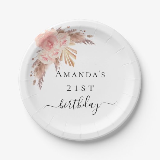 Birthday pampas graszoet roos goudmeel papieren bordje (Voorkant)