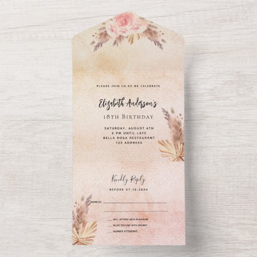 Birthday pampas roos blush roze florals RSVP All In One Uitnodiging (Binnen)