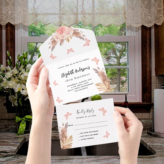 Birthday pampas roos gold butefly florals RSVP All In One Uitnodiging