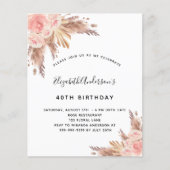 Birthday pampas roos gold floral budget uitnodigin flyer (Voorkant)