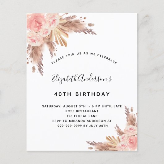 Birthday pampas roos gold floral budget uitnodigin flyer (Voorkant)