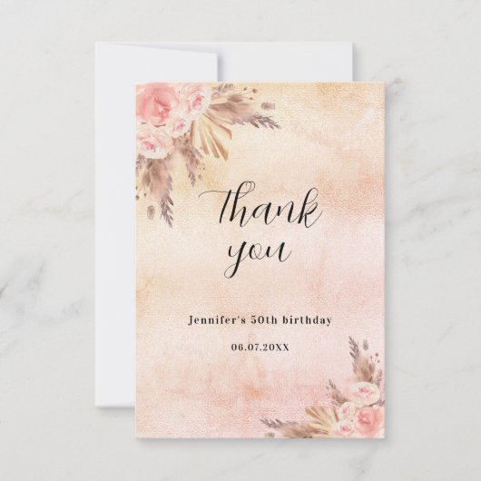 Birthday pampas roos goudflorals boho bedankkaart (Voorkant)
