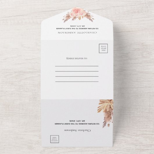 Birthday pampas roos roze florals party RSVP All In One Uitnodiging (Buitenkant)