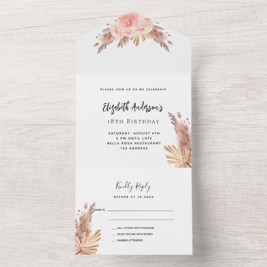 Birthday pampas roos roze florals party RSVP All In One Uitnodiging (Binnen)