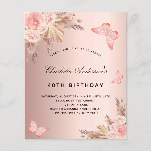 Birthday pampas roos vlinder flyer (Voorkant)