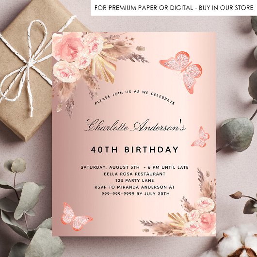 Birthday pampas roos vlinder flyer