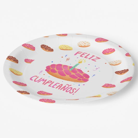 Birthday Pan Dulce Concha in het Spaans Papieren Bordje (Gekanteld)