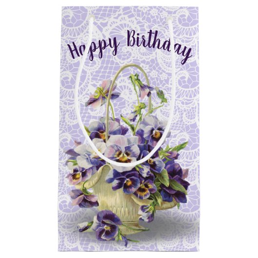 Birthday Pansy Basket on Lace Klein Cadeauzakje (Voorkant)