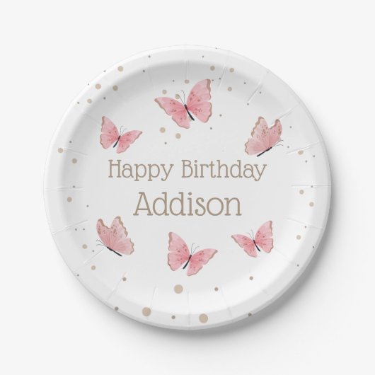 Birthday Paper Borden met roze vlinder Papieren Bordje (Voorkant)